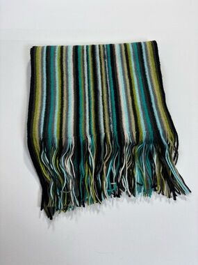 Stefania Striped Fringe Scarf in Teal, Lime, Black & Cream